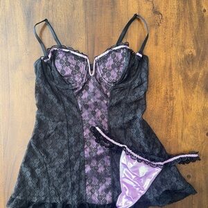 Victorias Secret purple black lace underwire chemise lingerie babydoll set 36C